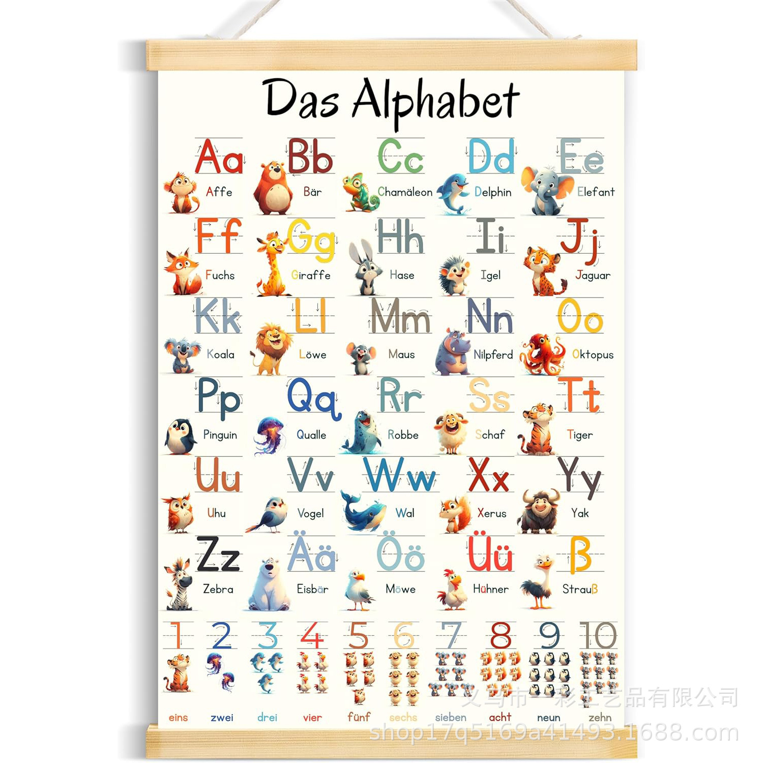 Hot-Selling German Abc Kidsren's Alphabet and Number Learning Poster with Pine Wood Hanging Scroll Decoration Kidsren's Room Decor