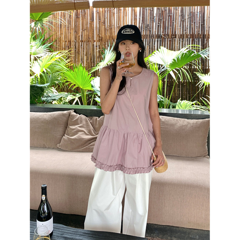 Huang Zheng Korean Style Fresh Sleeveless Shirt Summer New Sweet Fungus Stitching Crewneck dress 520374