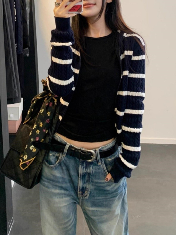 藏青色条纹连帽麻花针织开衫外套女韩系氛围感早秋季穿搭毛衣上衣|undefined