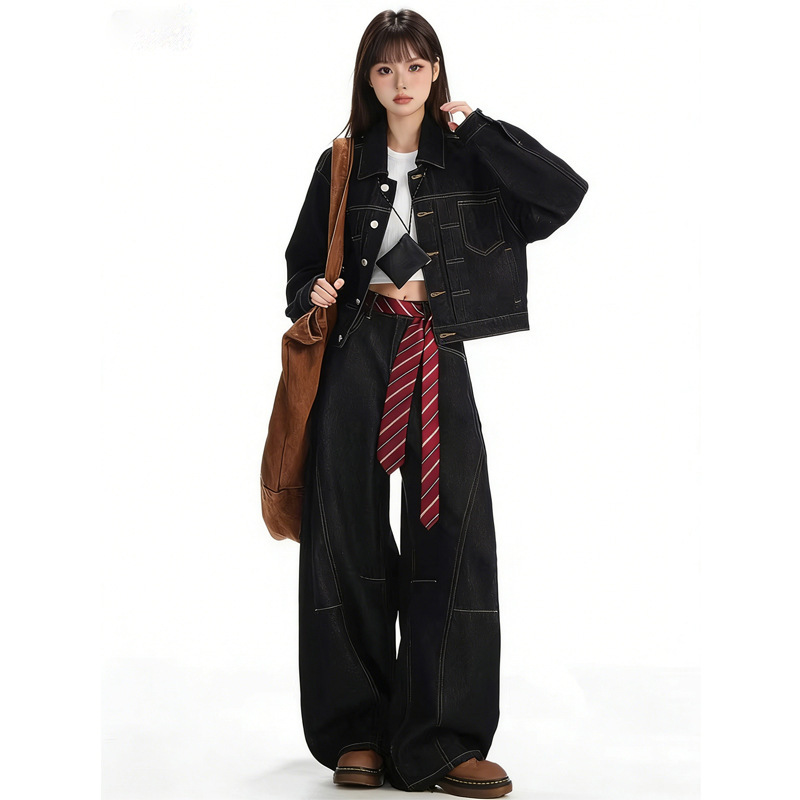 Dark Blue Denim Jacket for Women, Spring 2026 New Style, Loose Short Top and Wide-Leg Pants Two-Piece Set for Women