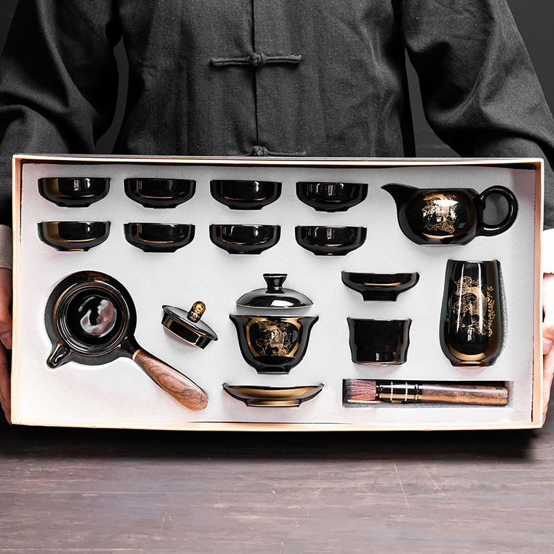 Black Glaze Ceramic Koi Fish Gongfu Tea Set, Premium Home Use Chinese Style Light Luxury Side Handle Pot, Gift Boxed Set of One