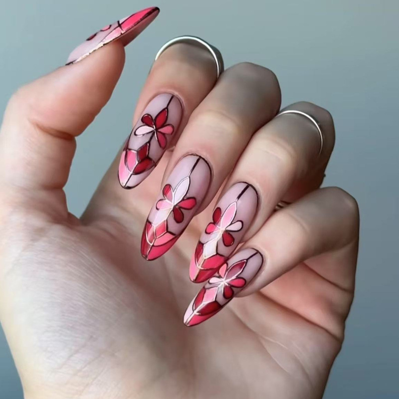 Fashion Medium Oval Pink Color-hopping Flower French Phnom Penh Wearing Nail Nail Nail Pieces Retro Foreign Trade Fake Nail Fashion Medium Oval Pink Color-hopping Flower French Phnom Penh Wearing Nail Nail Nail Pieces Retro Foreign Trade Fake Nail