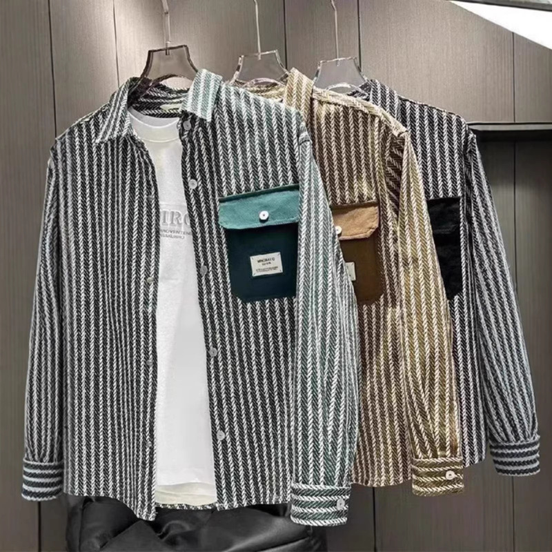 Versatile Autumn Men's Turn-Down Collar Shirt Jacket, Fashionable and Unique Striped Versatile Youth Trendy Casual Jacket Versatile Autumn Men's Turn-Down Collar Shirt Jacket, Fashionable and Unique Striped Versatile Youth Trendy Casual Jacket