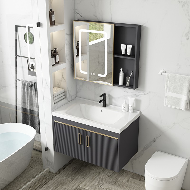 Gabinete de baño de aluminio de espacio de lujo ligero baño moderno minimalista integrado lavabo de cerámica gabinete combinación Placa de roca mesa de lavado