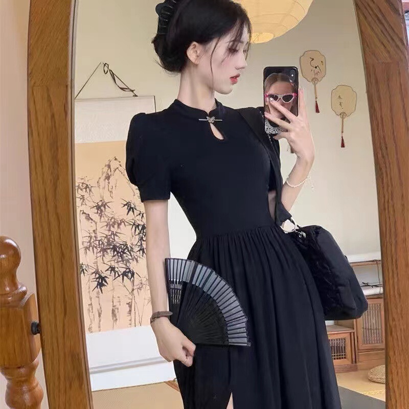 Chinese Style National Style Improved Cheongsam Black Slim-fit dress Women's Side Split Summer Bubble Short-sleeved Waist Long Dress
