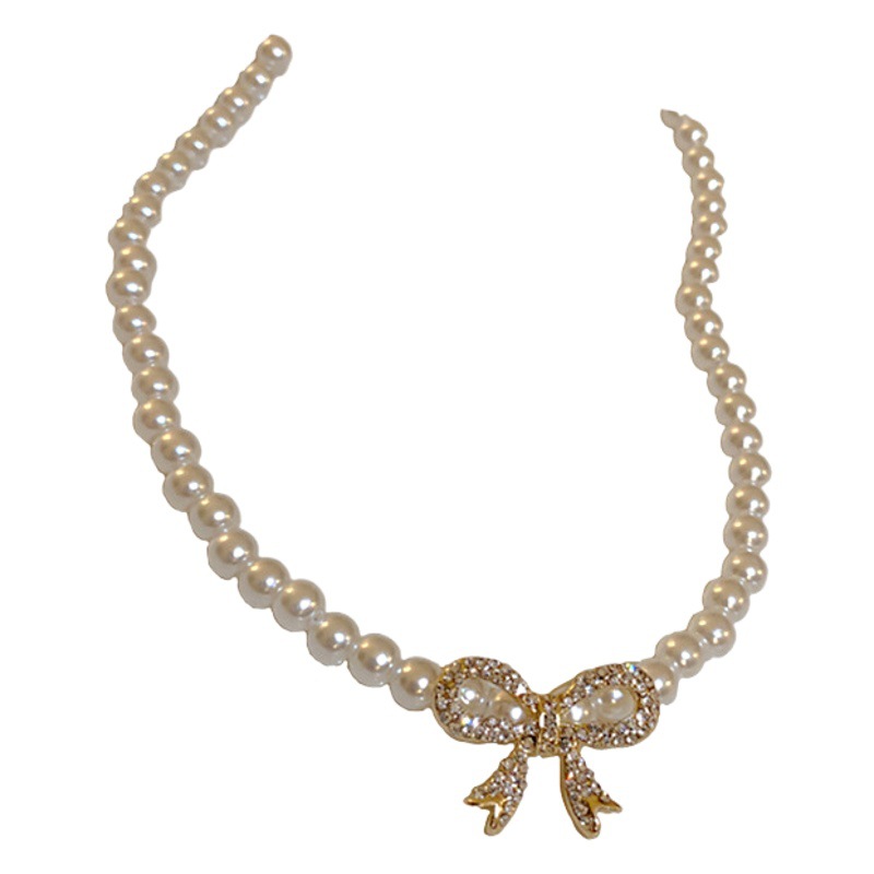 Francés retro perla diamante arco collar Internet celebridad Super Hada temperamento collar clavícula cadena diseño sentido Collar para las mujeres