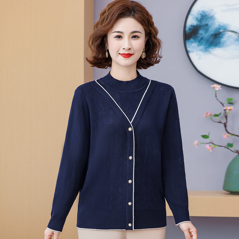 25 New Women's Clothing for Middle-Aged and Elderly, Fashionable Half-High Collar Sweater, Long-Sleeve Pullover Wool Sweater for Mothers