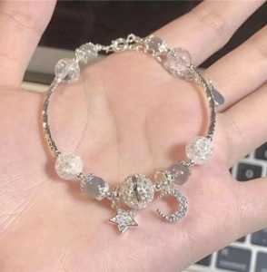 S179-Pulsera de cristal con estrella y luna de diamantes y cuentas blancas#tamaño 055