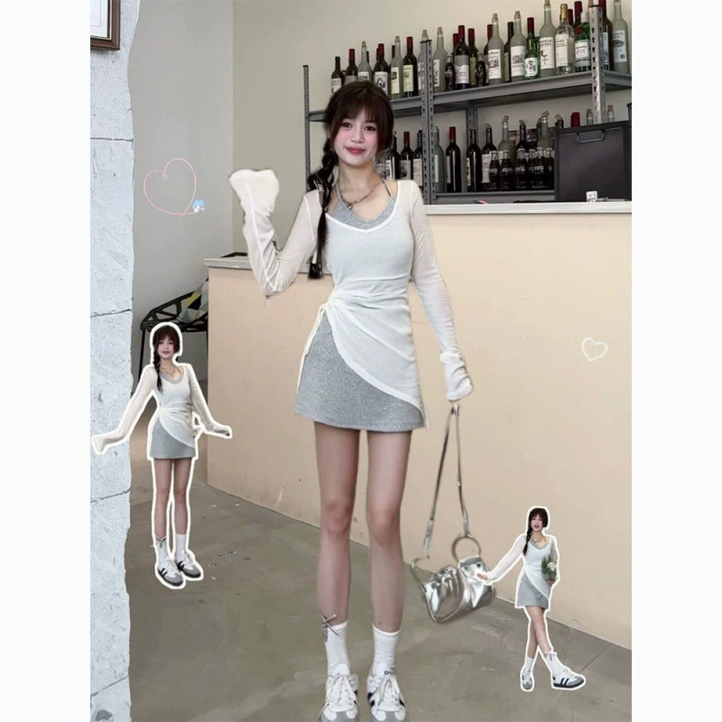 Серое платье-халтер на тонких бретелях для женщин, лето 2025, новый стиль, комплект короткого обтягивающего платья А-силуэта для миниатюрных женщин, ранняя летняя коллекция.