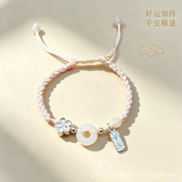 Cross-Border Popular Silver Safety Buckle Bracelet for Women, High-End Luxury Handmade Woven Bracelet, Safety Peach Blossom Bracelet for Men