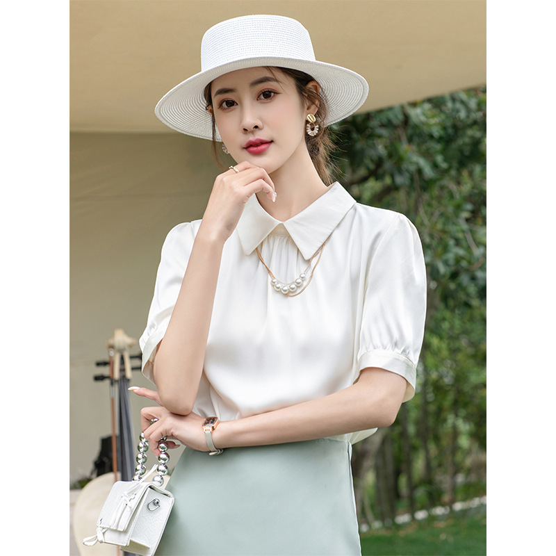 European Women's Fashion 2026 Summer New Heavyweight Silk Solid Color Turn-Down Collar Short-Sleeve Mulberry Silk T-Shirt Top for Women European Women's Fashion 2026 Summer New Heavyweight Silk Solid Color Turn-Down Collar Short-Sleeve Mulberry Silk T-Shirt Top for Women