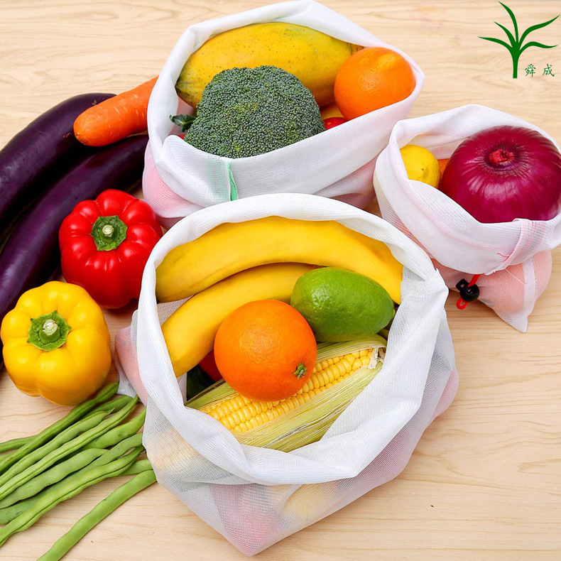 亚马逊热销涤纶网布拼接果蔬束口袋 单边束口水果网兜 环保可重复
