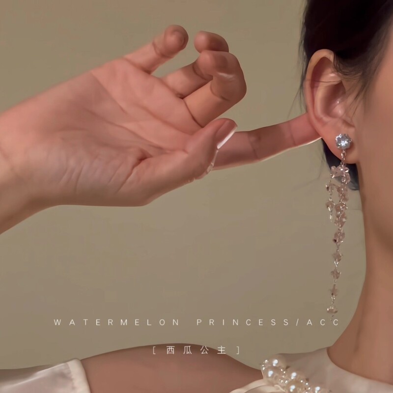 粉色锆石耳环2025新款爆款高级感长款流苏超闪耳饰女|undefined
