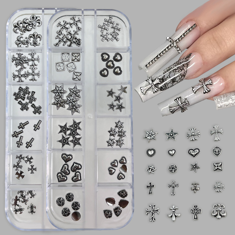 Cross-Border Hot-Selling 12-Piece Cross-Shaped Nail Art Decoration Set, Vintage Dark Style Metal Rivet Nail Rhinestones Small Accessories