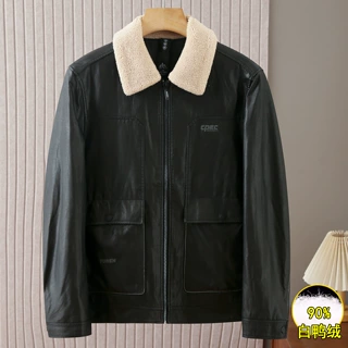 皮羽绒服男冬季防风保暖含羊毛毛领90白鸭绒男士皮夹克外套YR002