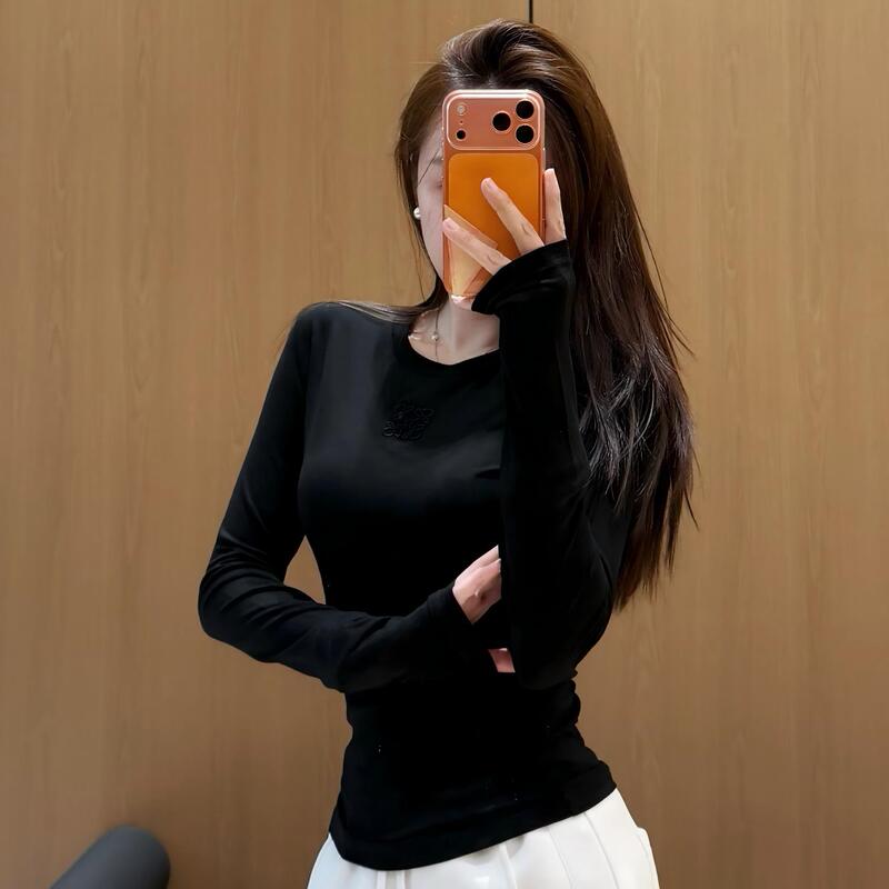 Slim-Fit Long-Sleeve Top with Round Neck and Regular Shoulders, Nanyou Women's Spring Wool Tencel Waist-Cinching Tight-Fitting T-Shirt