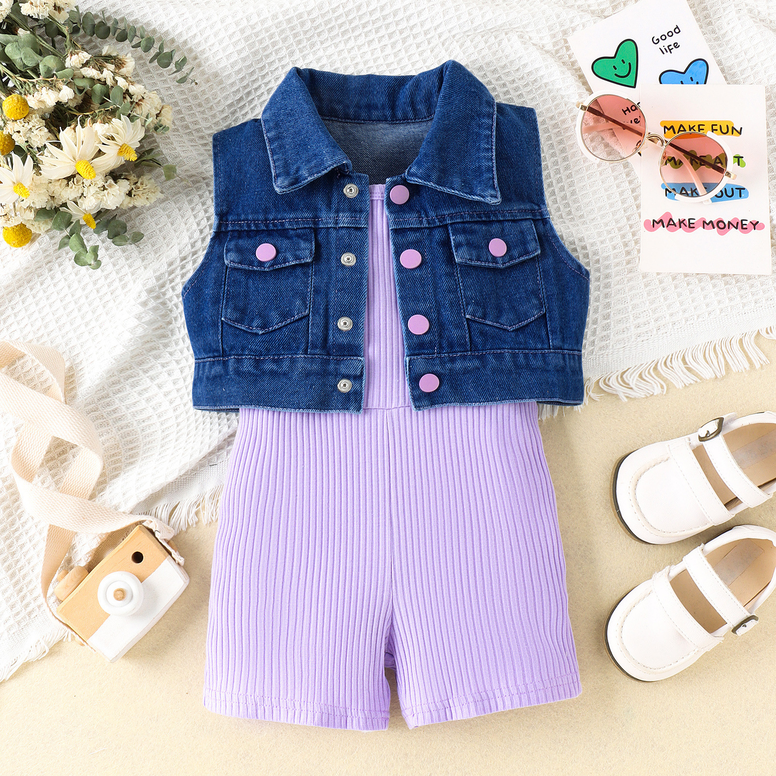 208g Weight Kids Clothing Sets Children's Clothing Type Sleeveless Sleeve Length Polyester Fabric Type Shorts Sets Sets Type 2 Pieces Set Quantity Daily Occasion Turndown Neckline Comfort Function Regular Fit Fit Type Solid Color Pattern Summer, Spring Season Girl'S Gender Casual Style Casual Solid Color Polyester Girls Clothing Sets 20
