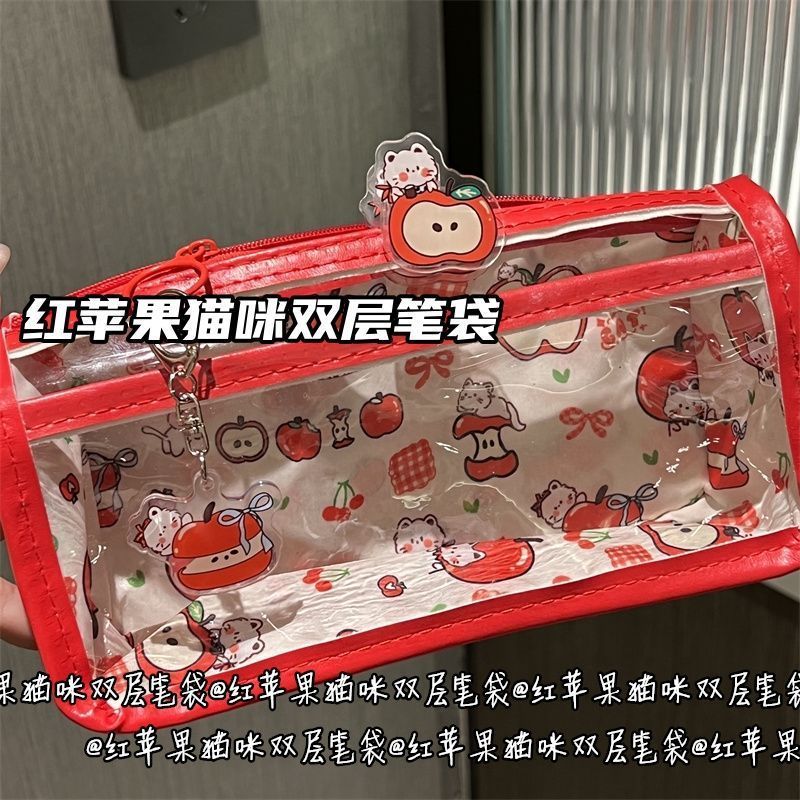 レッドアップル猫二層鉛筆バッグイン高価値漫画透明防水かわいい学生収納袋文具バッグ|undefined