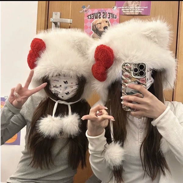 Cute Cartoon Bow Trapper Hat, White, Velvet Earflaps, Thick Plush Lining