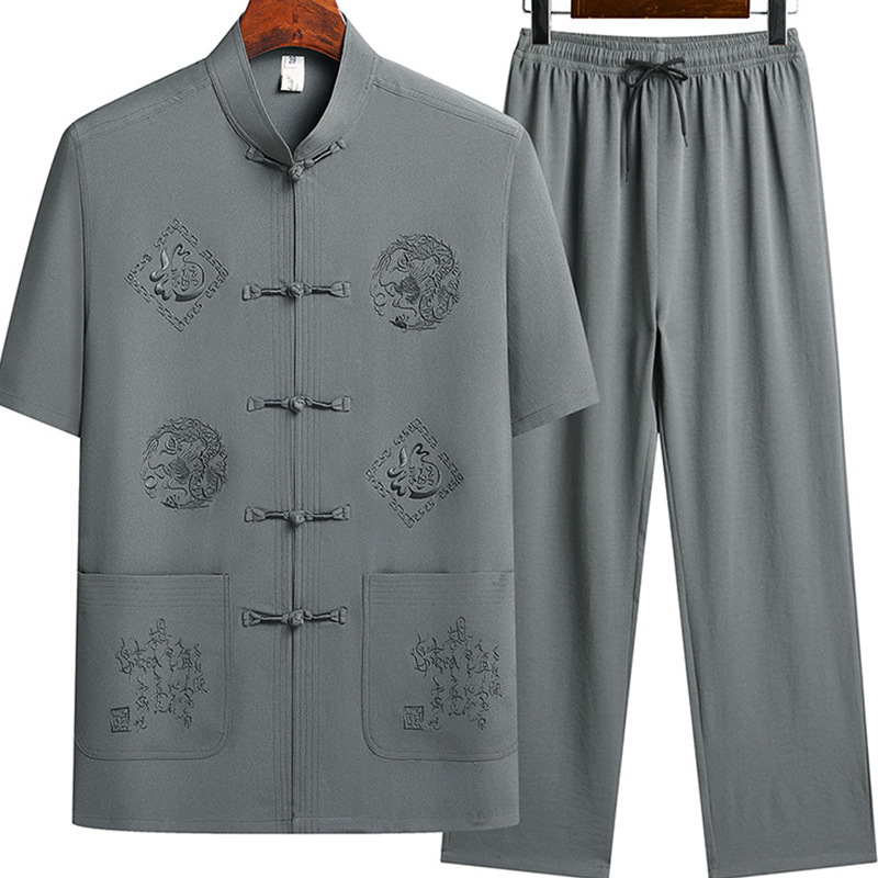 Z Chinoiserie Tang Suit Middle-Aged and Elderly Dad Summer Ice Silk Suit Grandpa Suit Chinoiserie Plate Buckle Atmospheric Embroider