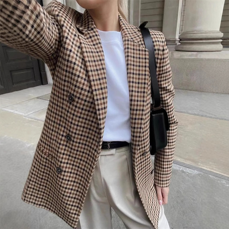 2025 European and American Cross-Border New Commuter Long-Sleeved Plaid Suit Clothes Slim Top Women's Regular Jacket