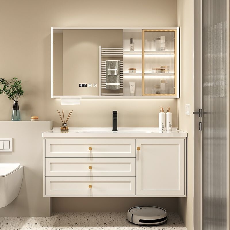 Cream-style bathroom cabinet with integrated washbasin, ceramic integrated basin, smart mirror, wall-mounted bathroom cabinet Cream-style bathroom cabinet with integrated washbasin, ceramic integrated basin, smart mirror, wall-mounted bathroom cabinet