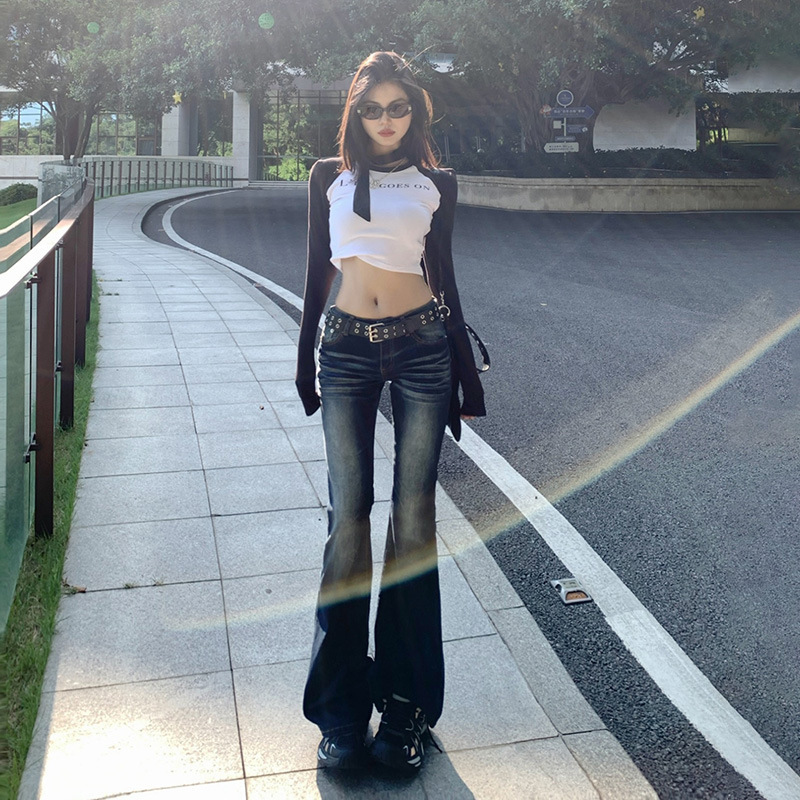 [Jinyin] American-style nostalgic low-waist hot girl flared pants all-match elastic slim-fit slimming jeans long pants