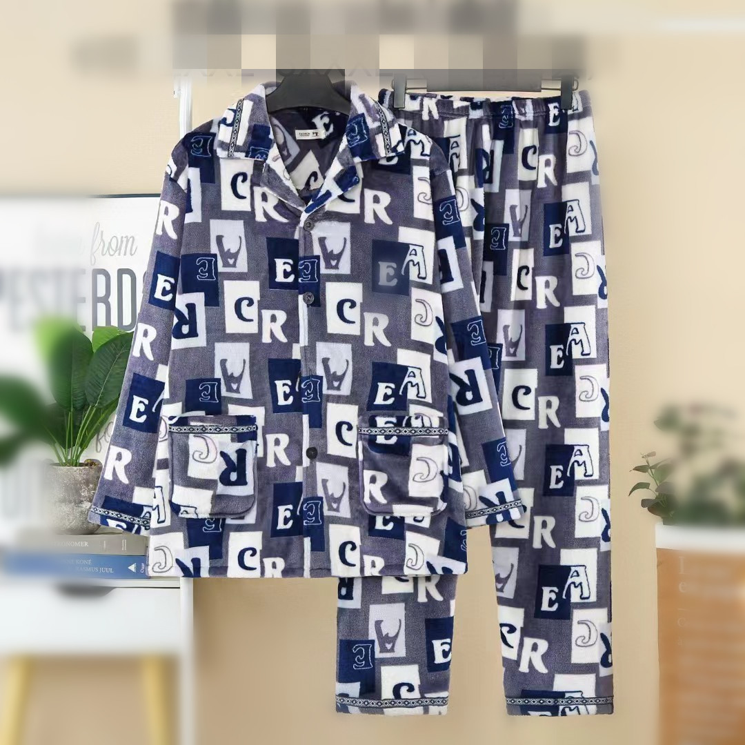 가을, 겨울 남성 잠옷 긴팔 중년 및 노인 남성 플란넬 가디건 겨울 두꺼운 따뜻한 캐주얼 홈웨어 세트