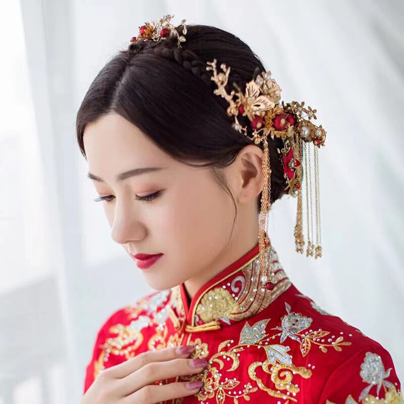 Chinese style hanfu bridal headdress suit tassel dragon and phoenix gown ancient style hair accessories wedding Red ancient costume Xiuhe clothing phoenix crown