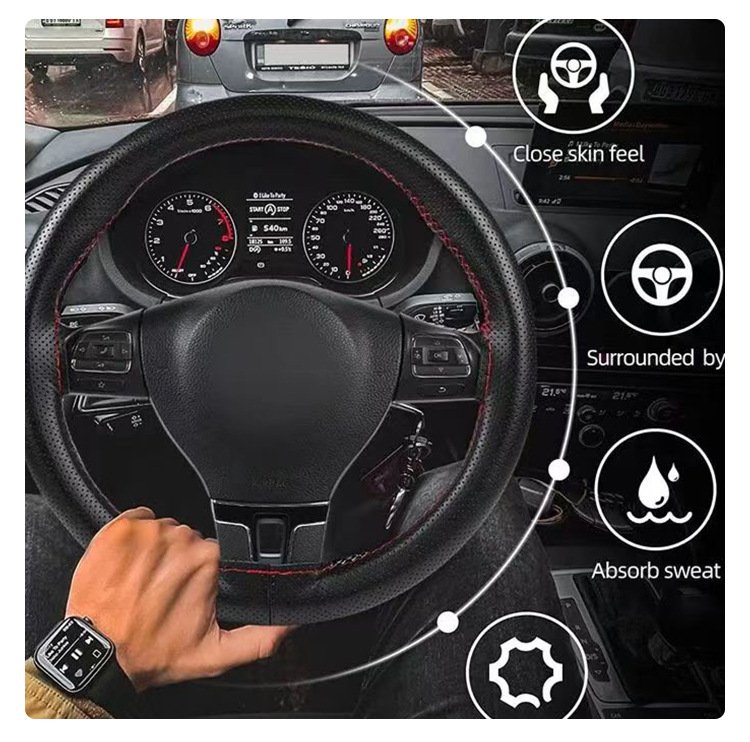 Genuine Leather Hand-Stitched Steering Wheel Cover, Non-Slip, Wear-Resistant, Breathable, Suitable for All Seasons, Lightweight Steering Wheel Cover, Cross-Border