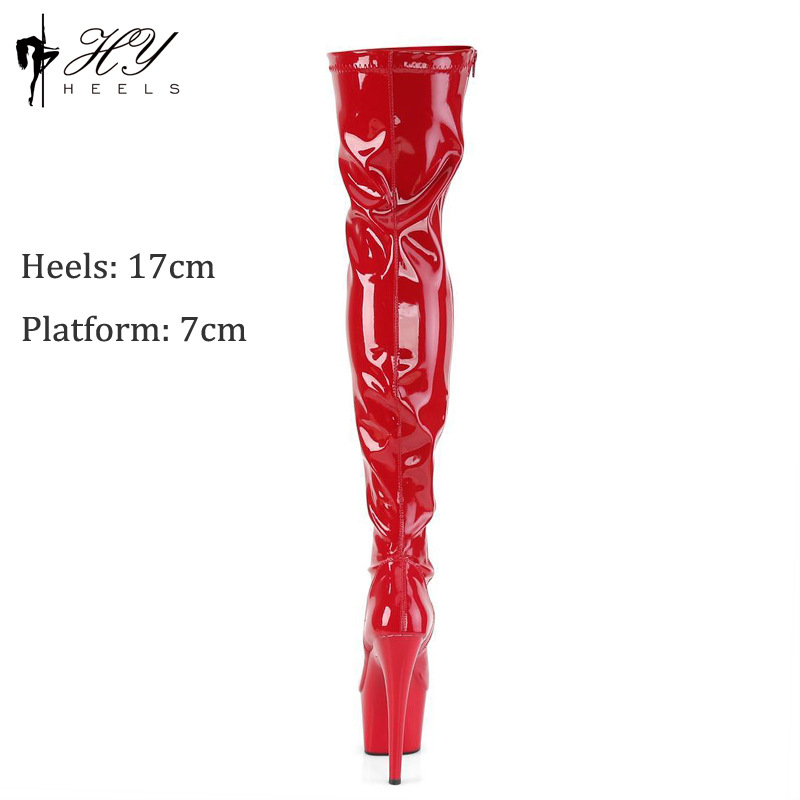 Boot cao gót nữ cổ cao quá đầu gối mũi tròn gót nhọn 17 cm — Màu đen, Màu hồng, Màu trắng, Màu đỏ