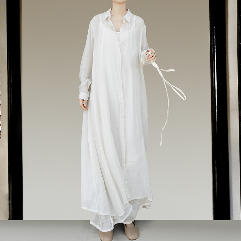 Plum Green Style Artistic Loose Long Shirt Dress Spring/Summer Silk Linen Women's Shirt with Belt