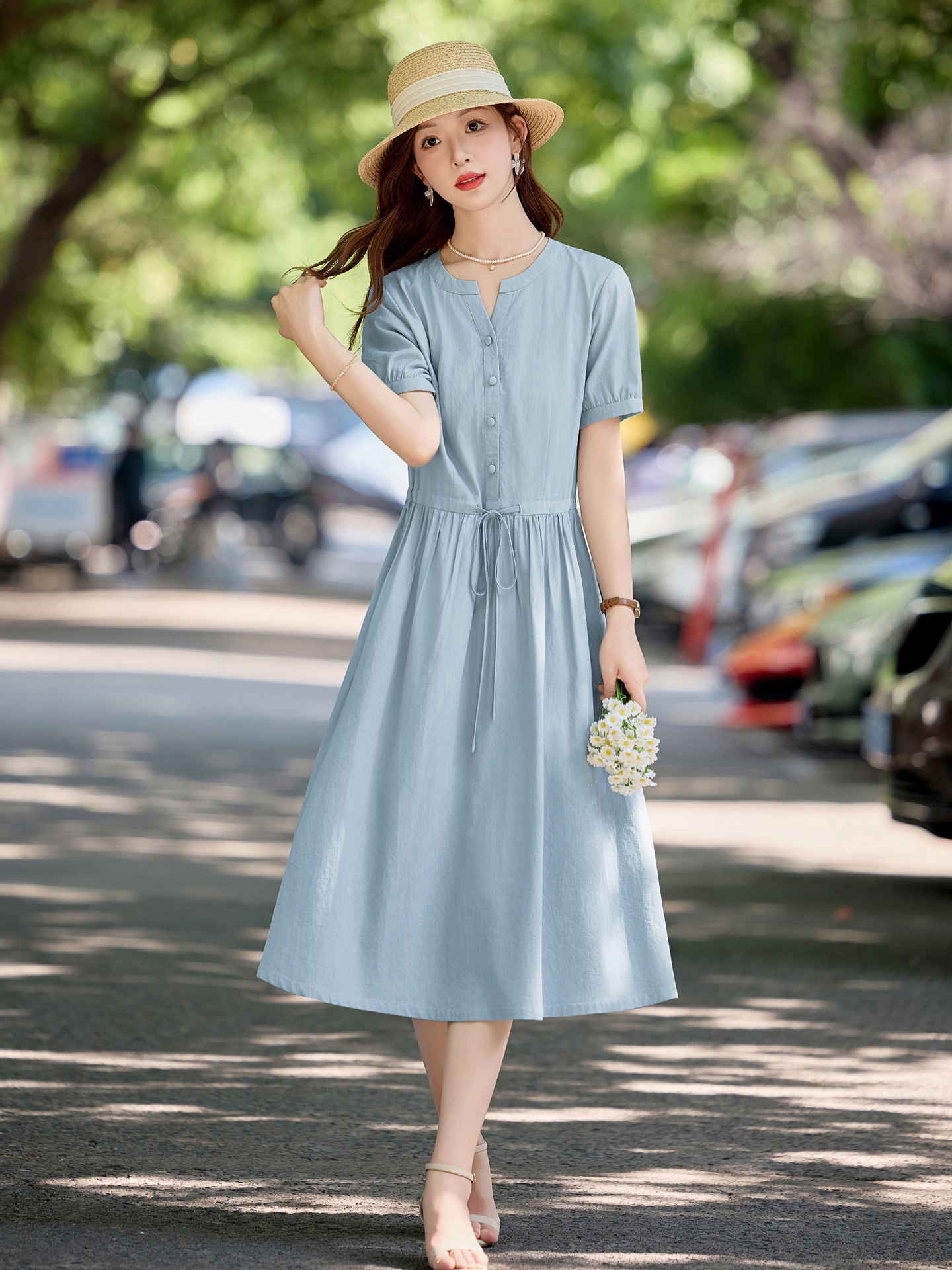 Váy midi cổ V dáng ôm dây buộc thanh lịch mùa hè 2025 NI509 — màu xanh, màu hồng