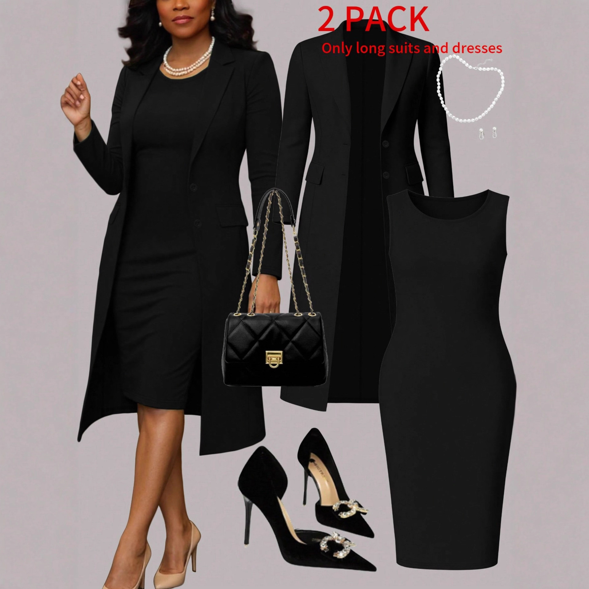 Abbigliamento da donna Completo due pezzi da donna in stile europeo-americano con blazer e abito a tinta unita, maniche lunghe, vestibilità slim, lunghezza media, senza maniche_voghion.com