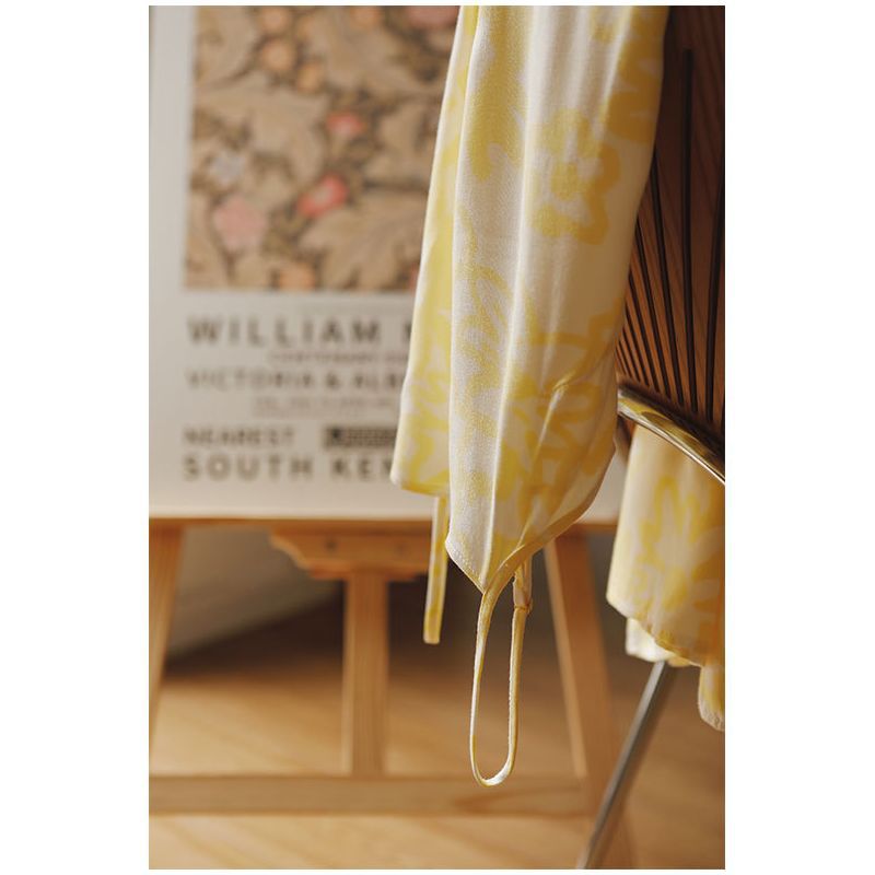 Summer New Product Rayon Satin Women's Small Fresh Warm Yellow Print Mid-Length Shoulder Strap Adjustable Suspender Nightgown