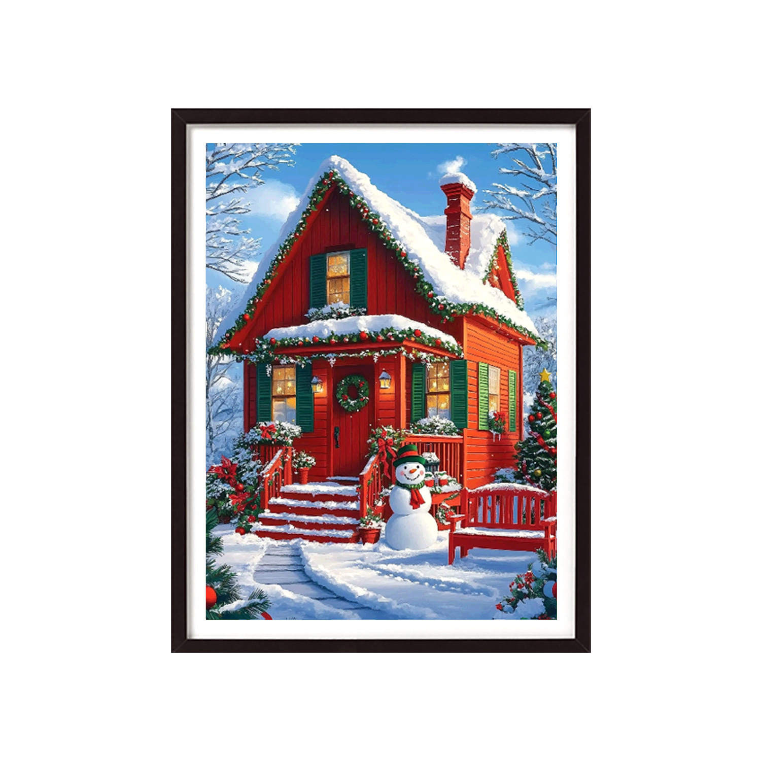 Ventas transfronterizas Amazon mayorista Navidad nuevo bordado cruzado Navidad casa roja paisaje de nieve Europa y América pintura decorativa de paisaje de nieve