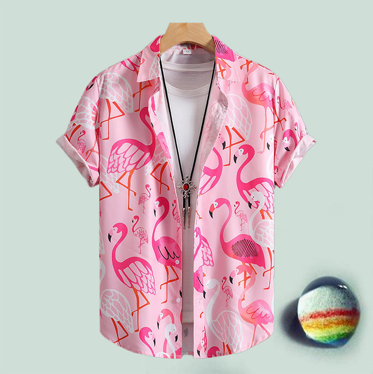 Camisa de venta caliente de nuevo estilo para hombres transfronterizos Camisa de manga corta casual de temperamento de gama alta con estampado digital 3D flamenco rosa