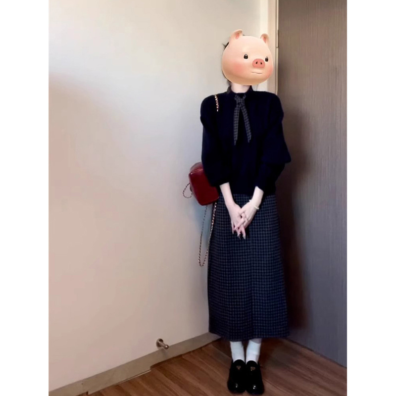 学院风毛衣针织衫女秋季新款miu里miu气穿搭套装中长格子半身裙|undefined