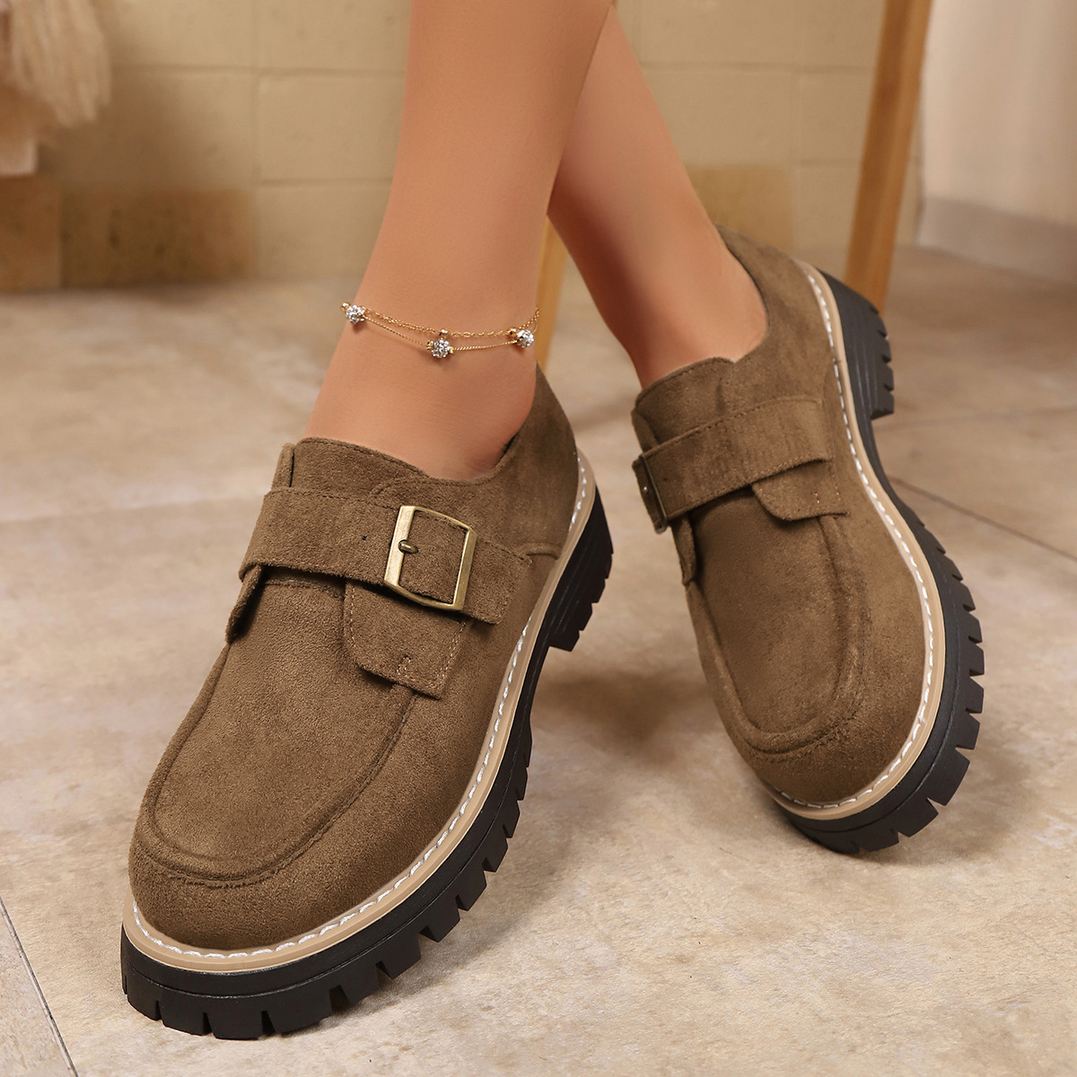 Plus Size Damen-Loafer mit Blockabsatz und Schnalle im britischen Stil, niedrige Schuhe, Herbstneuheit_voghion.com