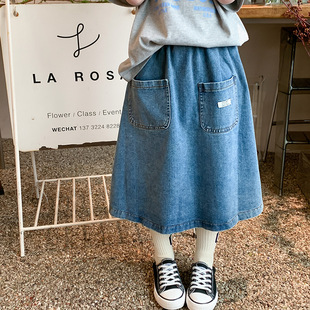 Elmo Beibei Spring and Summer New Skirt Children's Denim Skirt Girls Korean Casual Mid-length Skirt Trendy