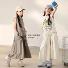 女童韩版无袖T恤夏季薄款上衣夏装中大童夏季新款纯色时尚两件套