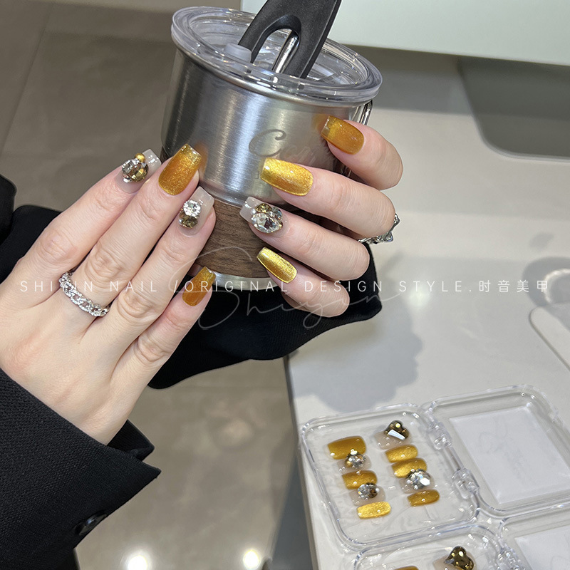 A216 ShiYin マニキュア ハンドメイド ウェアラブル ネイル ブティック ハイエンド ガラスの黄金の瞳 黄色の取り外し可能なネイルパッチ|undefined