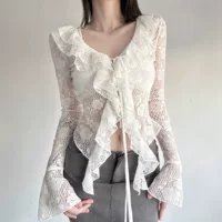 Кардиган Brand кружевной мегафон V‑вырез, женский европейский стиль, кружевные клеш‑рукава, белый
