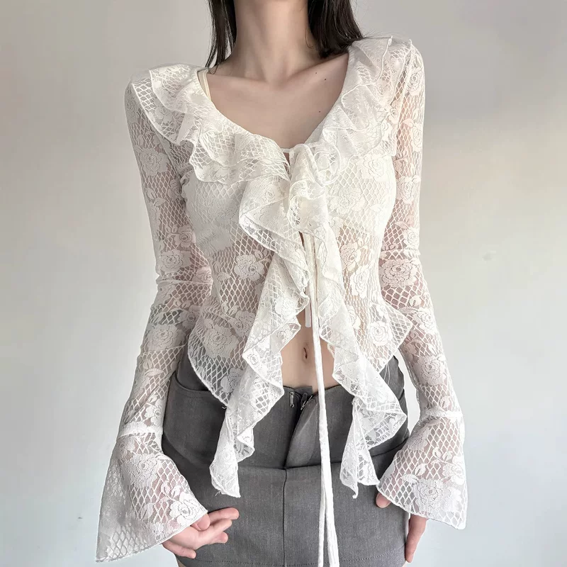 Кардиган Brand кружевной мегафон V‑вырез, женский европейский стиль, кружевные клеш‑рукава, белый