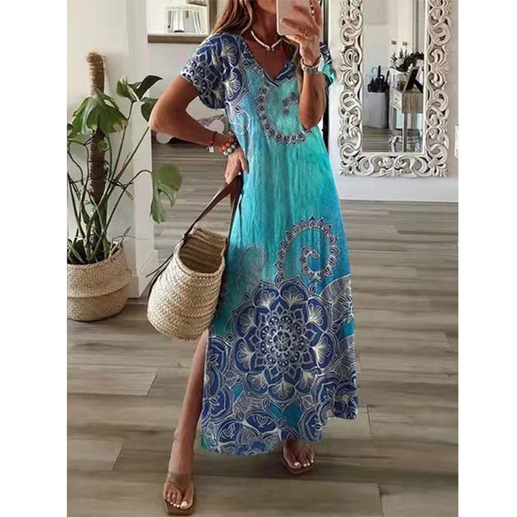 Women's Straight Skirt Casual V Neck Printing Short Sleeve Flower Maxi Long Dress Daily display picture 5