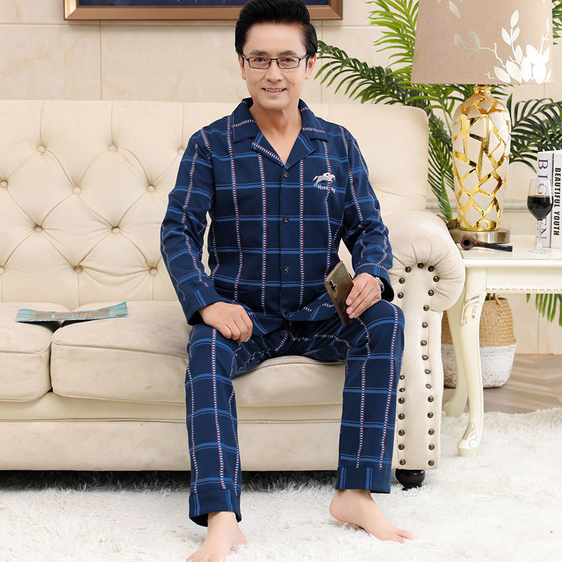 Pijamas de mediana edad y ancianos para hombres de primavera y verano 100% algodón de manga larga más tamaño cardigan Delgado traje de homewear