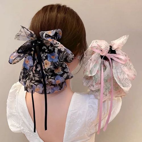 French vintage floral bow ribbon clip elegant and high-end low ponytail hair clip, hair bun at the back of the head hair accessory