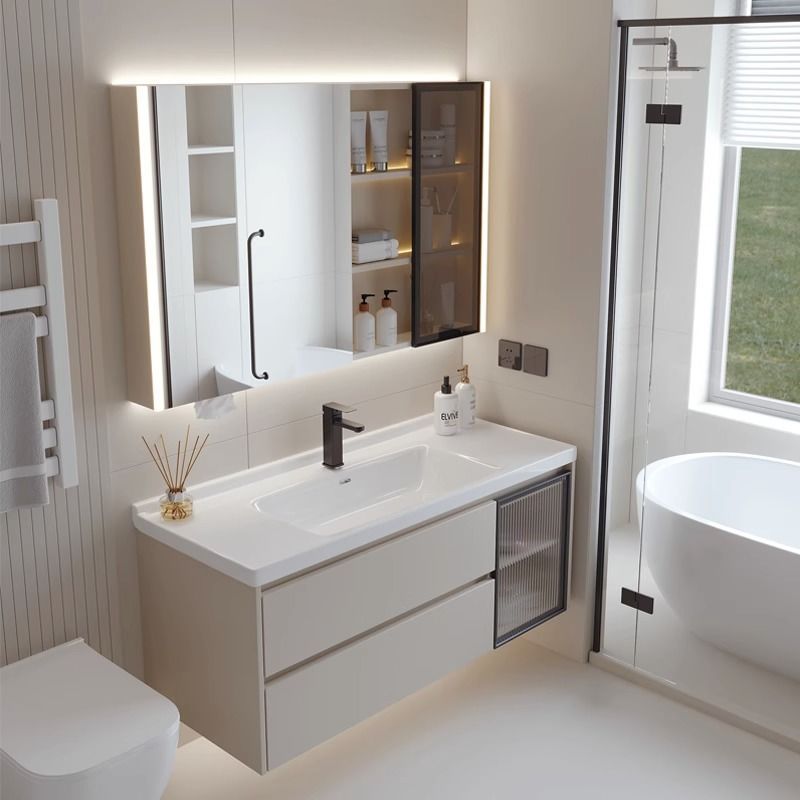 Nuevo estilo crema cerámica integrada lavabo baño gabinete lavabo combinación lavabo