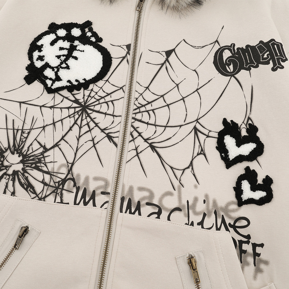 Dark Style High Street Spider Web Cartoon Kapuzenjacke mit langen Ohren für Herren mit abnehmbarem Pelzkragen und Zwei-Wege-Reißverschluss_voghion.com