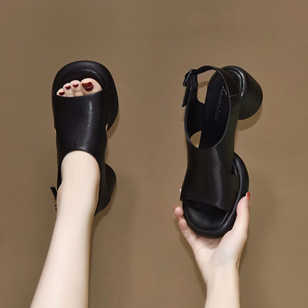 Sandal nữ da thật mũi hở gót vuông quai ngang đế dày — đen